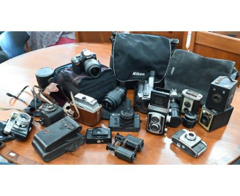 A quantity of cameras including Nikon D3200 digital SLR camera, SLR lenses, vintage cameras, etc all a/f (box) 