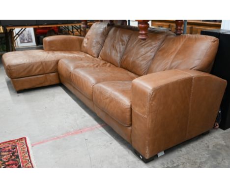 A tan leather left-hand facing corner group sofa, 275 cm wide x 80 cm high x 90 cm deep x 148 cm deep 