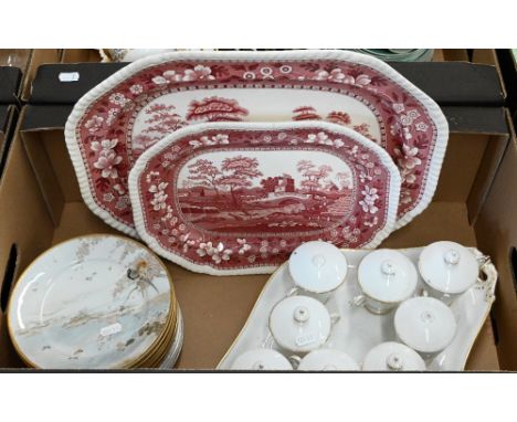 A part set of cups and covers on tray, two Spode Pink Tower meat dishes and thirteen Japanese eggshell china plates with pain