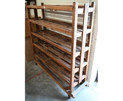 Vintage pine ceramics studio drying rack with five open slatted shelves, on metal casters, 120 cm wide x 40 cm deep x 138 cm 