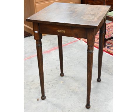 An antique oak square lamp table on turned legs 'J C King Ltd' plaque, 52 x 52 x 75 cm h 