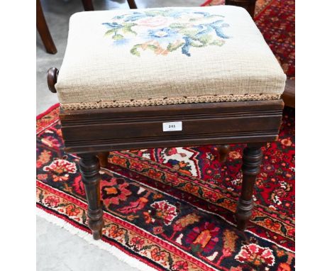 Victorian rosewood height adjustable piano stool with floral tapestry seat, stamped 'Brooks Limited'a/f 