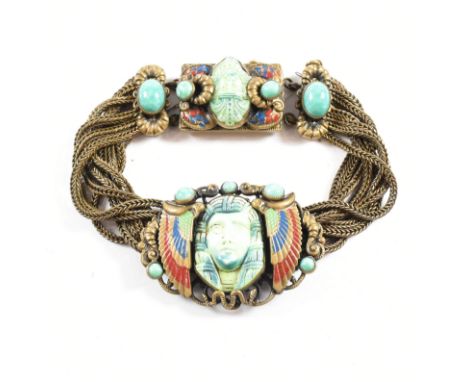 A 1920s Czech Max Neiger Gablonz Art Deco Egyptian revival pressed glass Pharaoh bracelet. The head&nbsp;with oval plaque set