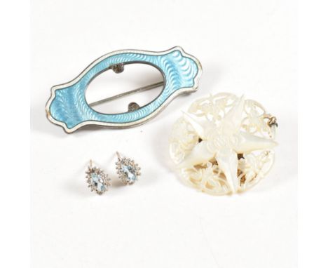 A pair of hallmarked 9ct gold topaz and diamond stud earrings together with a silver and guilloche enamel brooch pin, missing