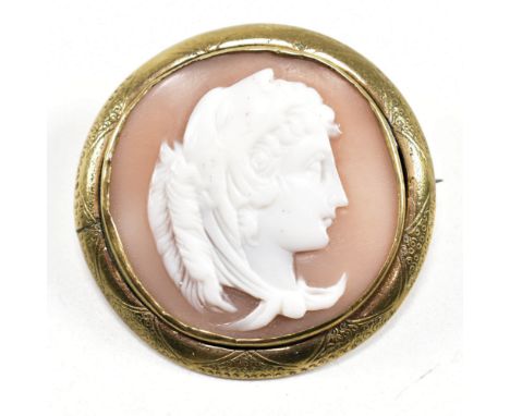 A 19th-century carved cameo brooch pin depicting a portrait of Queen Omphale wearing the skin of the Nemean Lion. The cameo f