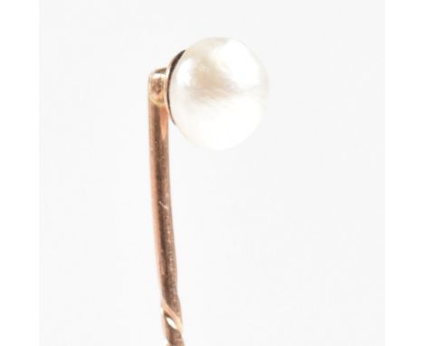 A 19th century gold pearl mounted stick pin. Weight 1.4g. Pearl measures approx 6mm. Pin measures 6.2cm.&nbsp;All weights mea