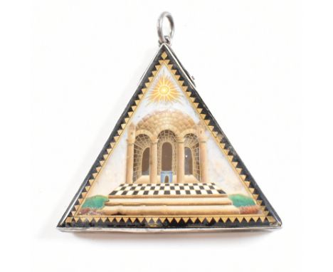 A 19th century large triangle masonic fob pendant. The fob having a triangular panel with mother of pearl ground with painted