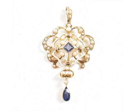 An Edwardian 15ct gold enamel sapphire and pearl pendant. The pendant strung with a sapphire and pearl drop, surmounted by an