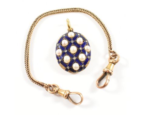 A 19th century pearl diamond and enamel pendant together with a Brazilian link guard chain. The pendant having enamelled latt