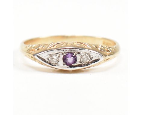 A hallmarked 9ct gold amethyst and diamond ring. Weight 1.9g. Size K.&nbsp;All weights measurements and sizes are approximate