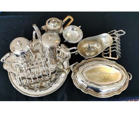 Two boxes of decorative silver plate tableware to include salvers, tea pots, toast racks and other items. Plus a pewter lidde