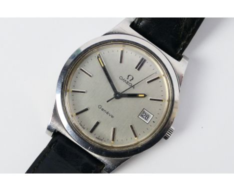 An Omega stainless steel cased manual wind wrist watch, baton markers to a silvered dial, date aperture at 3 o'clock, 17 jewe