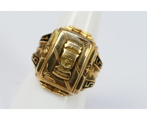 A vintage gold ring stamped HJ 10K, Herff Jones, American college class ring, 10 carat, approx 10.49 gm, size Q + 1/2. 