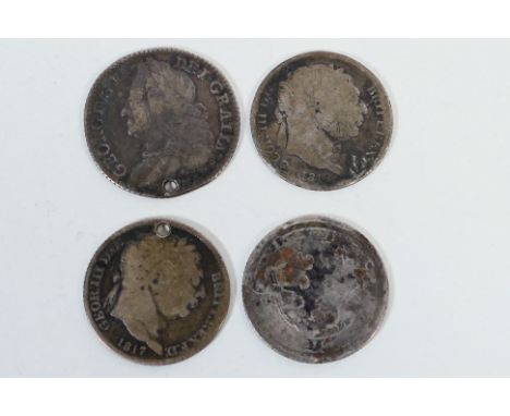 Four silver content coins including a George II Sixpence, 1746 LIMA (drilled) and three George III coins. [W]