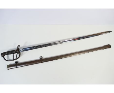 An 1821 pattern sword with 91 cm etched blade with single fuller, three bar guard, shagreen wrapped and wire bound grip and s