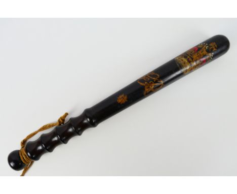 A George V hardwood police truncheon by J Hudson & Co Birmingham, with crown and cypher, turned grip, approximately 38.5 cm (