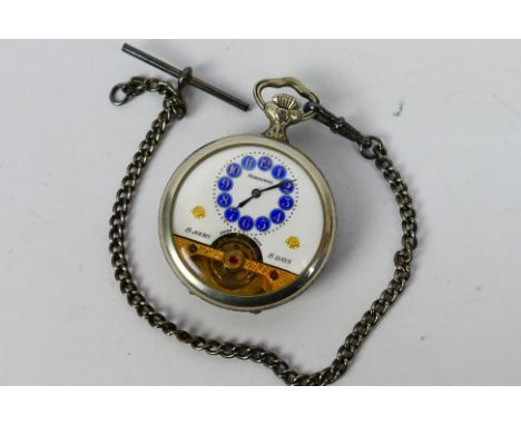 A Hebdomas 8 day pocket watch, signed enamel dial with Arabic numerals and exposed balance, the case back with embossed Art N