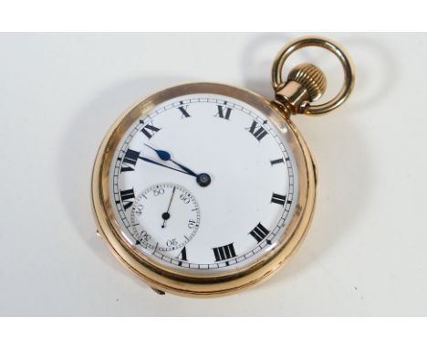 An American Waltham USA Traveler, gold plated ope face pocket watch, Roman numerals to a white enamel dial, subsidiary second