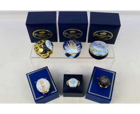 A collection of boxed enamel trinket boxes to include Halcyon Days and Crummles. [W]
