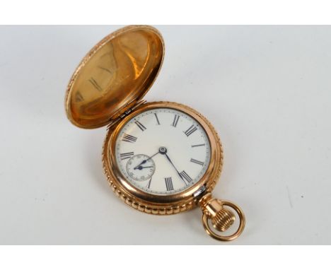 A lady's full hunter yellow metal pocket watch by Am Watch Co, Waltham, USA 7535430, case marked C.W.C.Co 740502, the 2.5 cm 