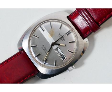 A stainless steel cased Rotary wrist watch, 21 jewel automatic movementm day / date at 3 o'clock, on red leather strap. [W]