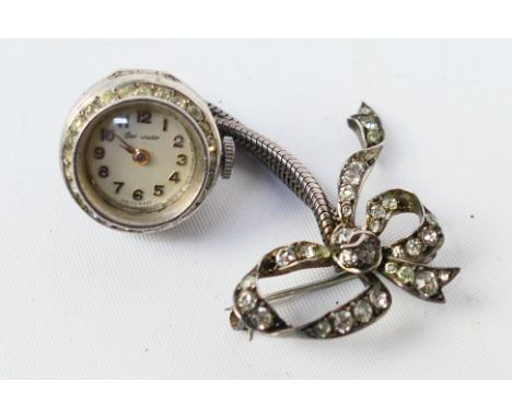 A vintage silver marcasite bow brooch with Corundo ball pendant watch, Swiss mechanical movement - condition: generally good,