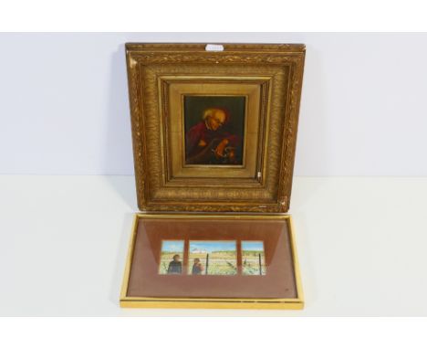 Lot to include a small framed oil on board depicting a gentleman smoking a pipe, approximately 12 cm x 10 cm image size and o