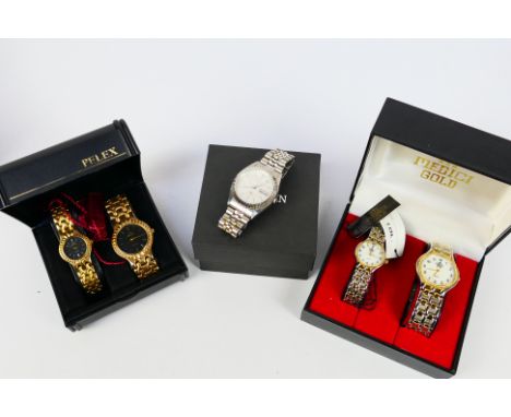 Two boxed sets of two wrist watches comprising Medici Gold and Pelex and a boxed Citizen Eagle 7 wrist watch. [W]
