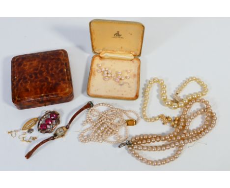 A vintage cased Ciro three strand, pearl necklace with 9 carat gold clasp, (one strand severed but all pearls prsent), a pair