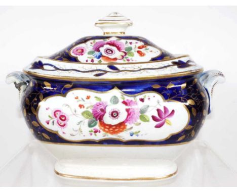 Antique English ceramic sugar box hand painted floral decoration on cobalt blue ground, gilt highlights, dual handles, (heigh