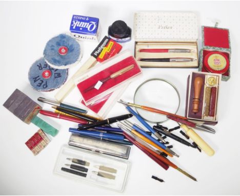 Box of various vintage pens and accessories to include Parker, comprising of pens, nibs, ink magnifying glass and seals