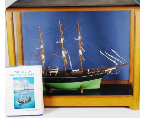 Vintage cased model of clipper 'Cutty Sark' in good wood and glass case. (Length 52cm approx, model. Case measurements: H54cm
