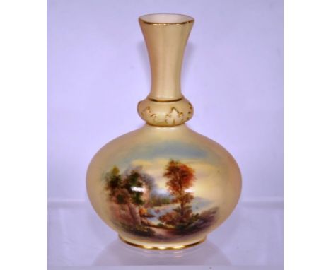 Royal Worcester blush ivory vase 'Shysbarrow Cragg, Ullswater', 12.5cm high approx.