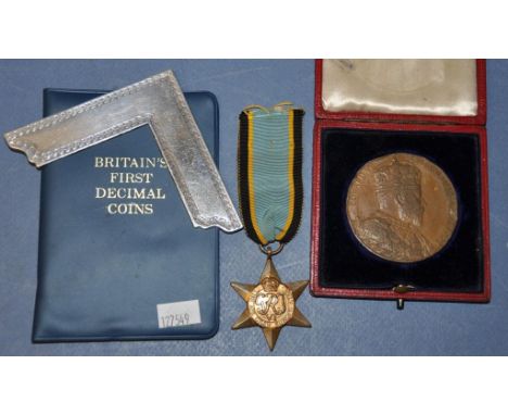 WWII air crew star medallion together with a cased 1902 Coronation medallion, a Masonic mitre, and a British first decimal co