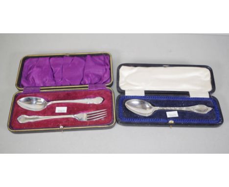 Two various vintage silver plate spoon sets comprising cased spoon and matching fork monogrammed; together with cased spoon, 