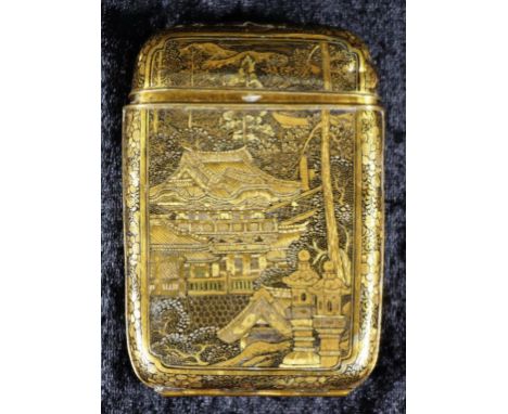 Vintage Japanese Niello cigarette case extensively decorated shrine and dragon niello designs. with matcher striker to interi