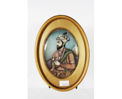 Vintage Indian portrait miniature of Shah Jahan framed gouache, with attributed title verso, (10cm X 7cm approx).