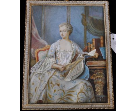 Antique French handpainted portrait of a lady painted on ivory, signed centre right, in a gilt frame, height 12.5cm approx