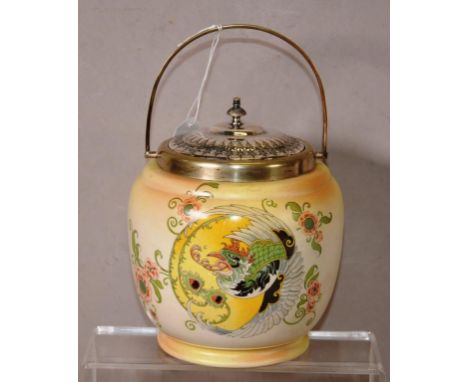 Vintage Carlton Ware biscuit barrel bird and blossom decorated, silver plate lid and handle, stamped to base with early Wilts