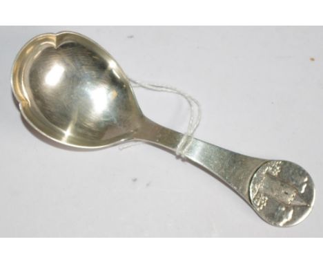 Danish Christian Heise silver caddy spoon hallmarked, maker Christian F. Heise, 1931, lighthouse decoration in relief to hand