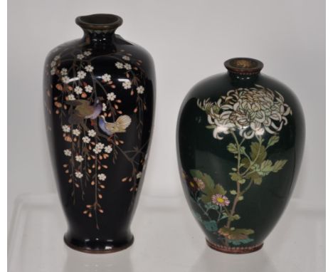 Two various vintage Japanese cloisonne vases including floral decorated on green ground, (small chip to enamel), (height 10cm