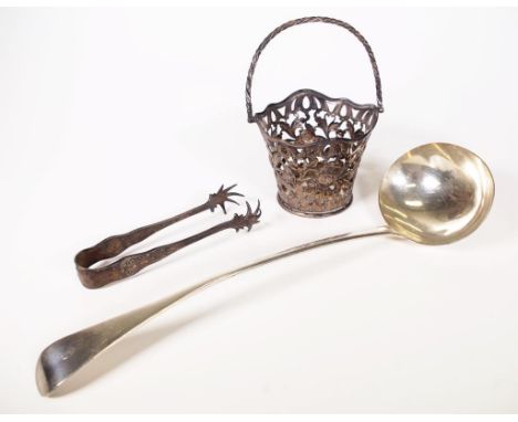 Antique WMF pierced silver plated basket 16cm high, together with a Victorian silver plated soup ladle and sugar tongs