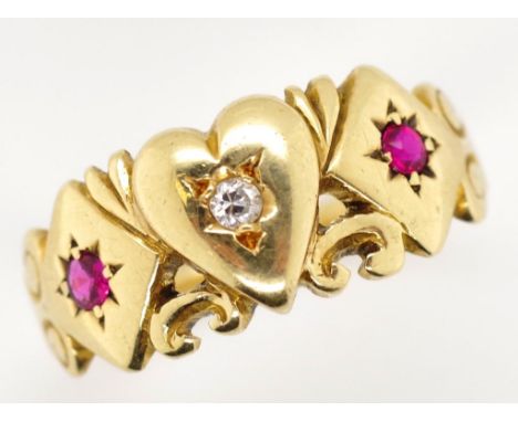 Antique Australian 15ct gold diamond and ruby ring with a heart and diamond form panel. Marked 15ct approx 3.8 grams weight, 