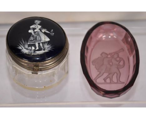 Vintage enamel &amp; glass boudoir jar 4.5cm high approx, (as inspected) &amp; a small amethyst glass dish