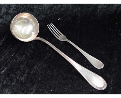 Italian silver soup ladle together with a matching silver dinner fork. Each marked 800.(Weight 350grams approx, total).