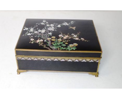 Vintage Japanese cloisonne jewellery box bird and blossom decoration on black ground to lid, with gilded interior, and music 