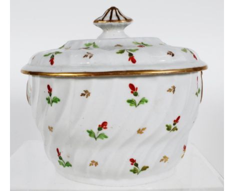 Antique English ceramic sugar box hand painted blossom and leaf decoration, gilt highlights, (height 13cm approx).