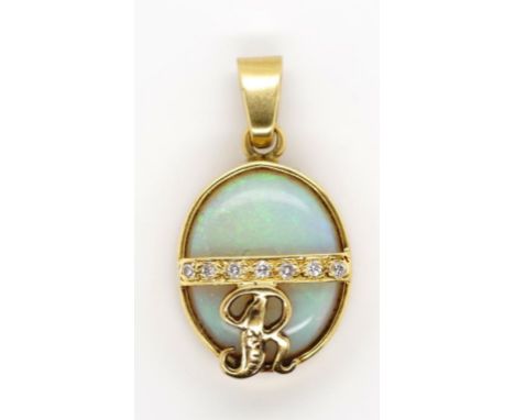 Opal, diamond and 18ct yellow gold pendant decorated with an R. Marked 18k to bail Approx 4.6 grams weight