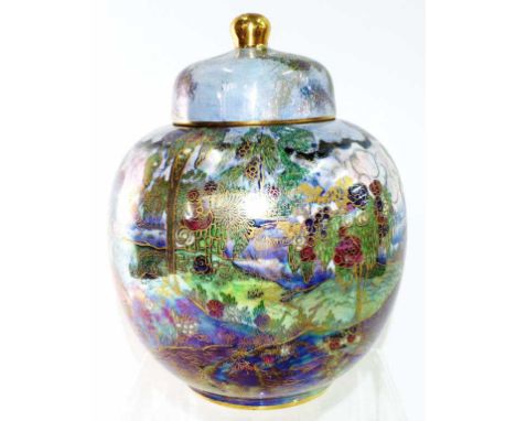 Vintage hand painted Wilton Ware lidded bowl lustre decoration of pagoda, lake and garden, floral decoration to lid. Marked t