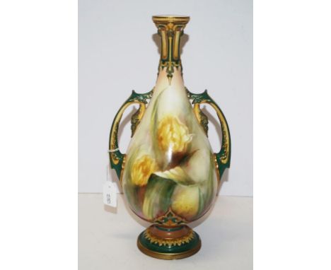 Victorian James Hadley Worcester mantle vase yellow rose decorated, dual handles, footed base, marked to base, circa 1898. (R